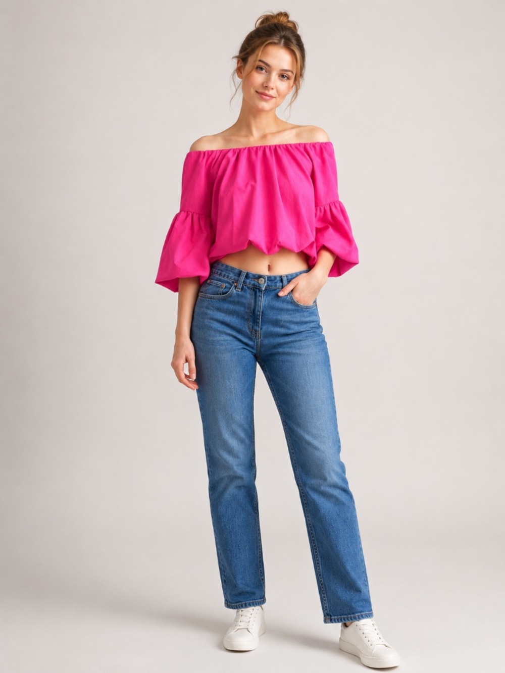 NEW A.Calin By Flying Tomato Fuschia Top Women's Size S Puffy Off-Shoulder
